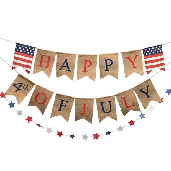 Patriotic Burlap Bunting Banner Happy 4th of July Star Garland Independence Day - Picture 1 of 9